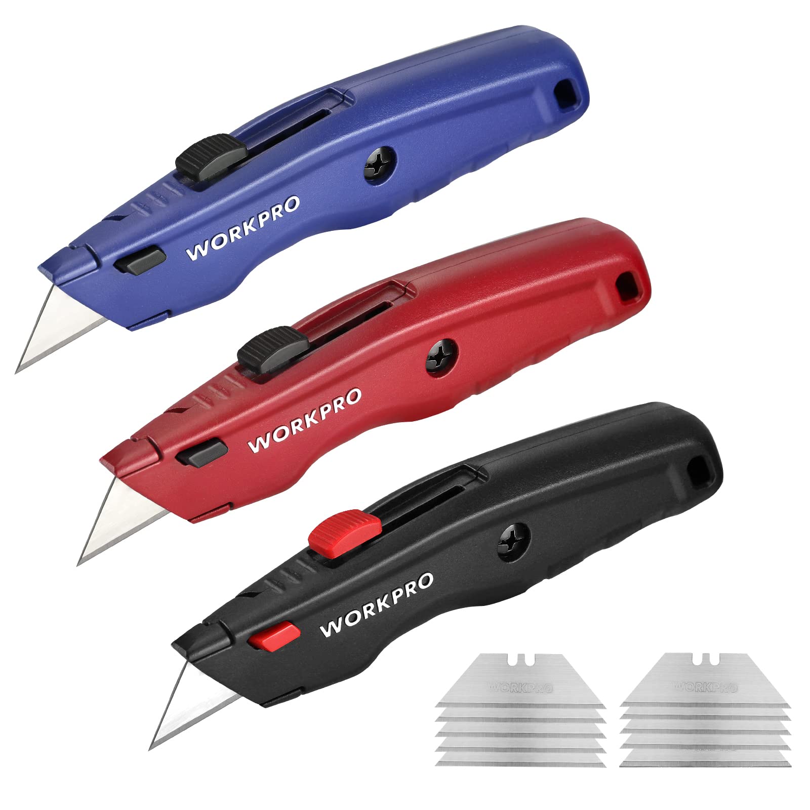Photo 1 of WORKPRO Premium Utility Knife, Retractable All Metal Heavy Duty Box Cutter, Quick Change Blade Razor Knife, with 10 Extra Blades, Set of 3 (Black, Red, Blue)