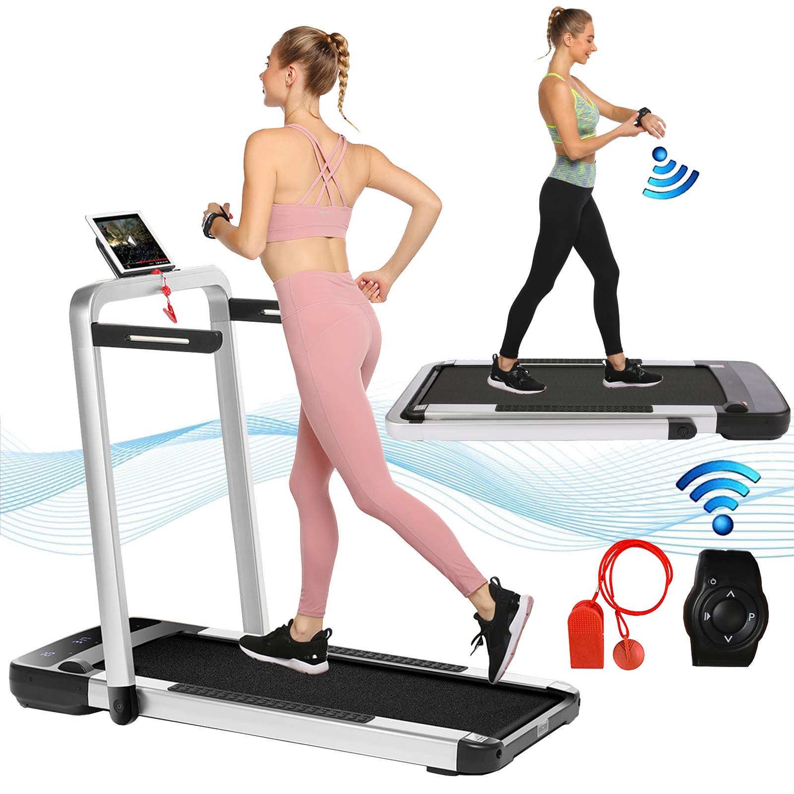 2 in 1 Folding Treadmill 2.25HP Under Desk Electric Treadmill with Remote Control & App，LED Display Walking Jogging Running Machine Exercise Fitness for Home/Office Installation Free (Silver)