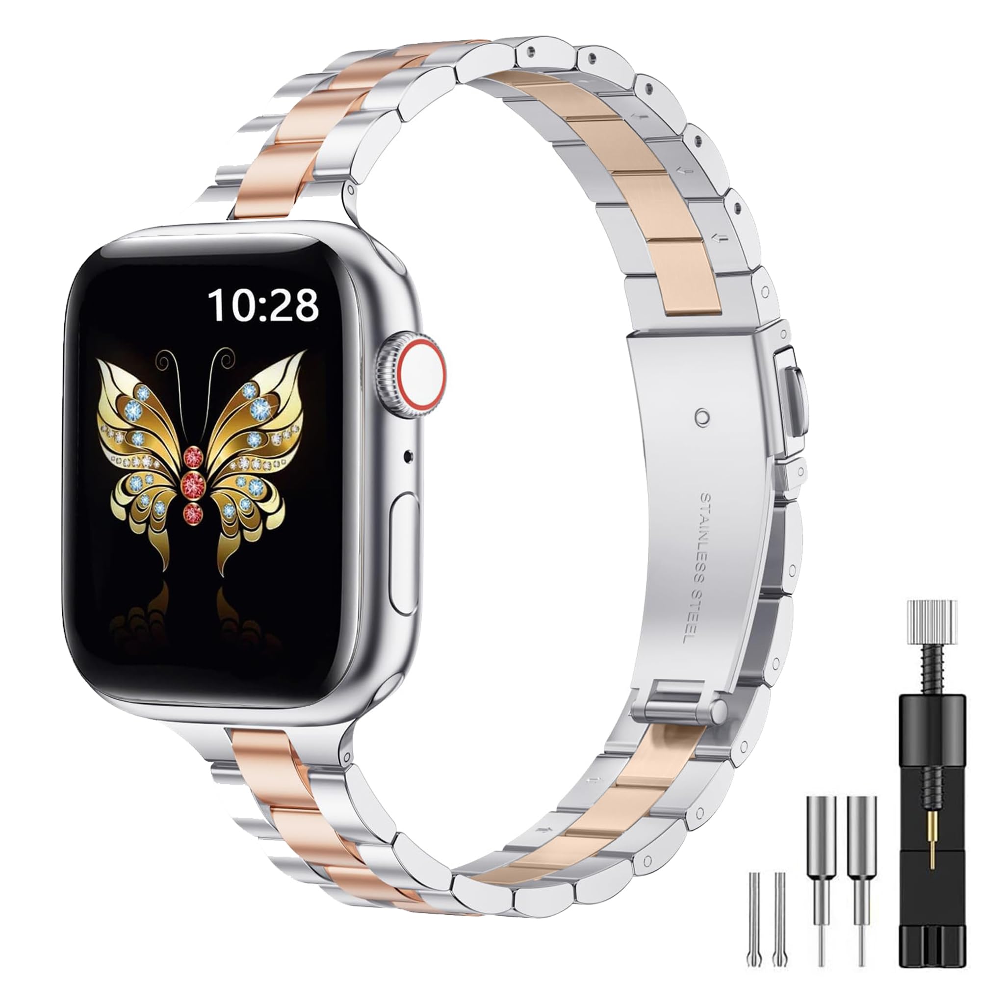 Women Slim Metal Strap Compatible with Apple Watch Straps 38mm 40mm 41mm 42mm 44mm 45mm 46mm 49mm, Stainless Steel Strap with Installation Tool for iWatch Ultra1 2 3, SE Series 11/10/9/8/7/6/5/4