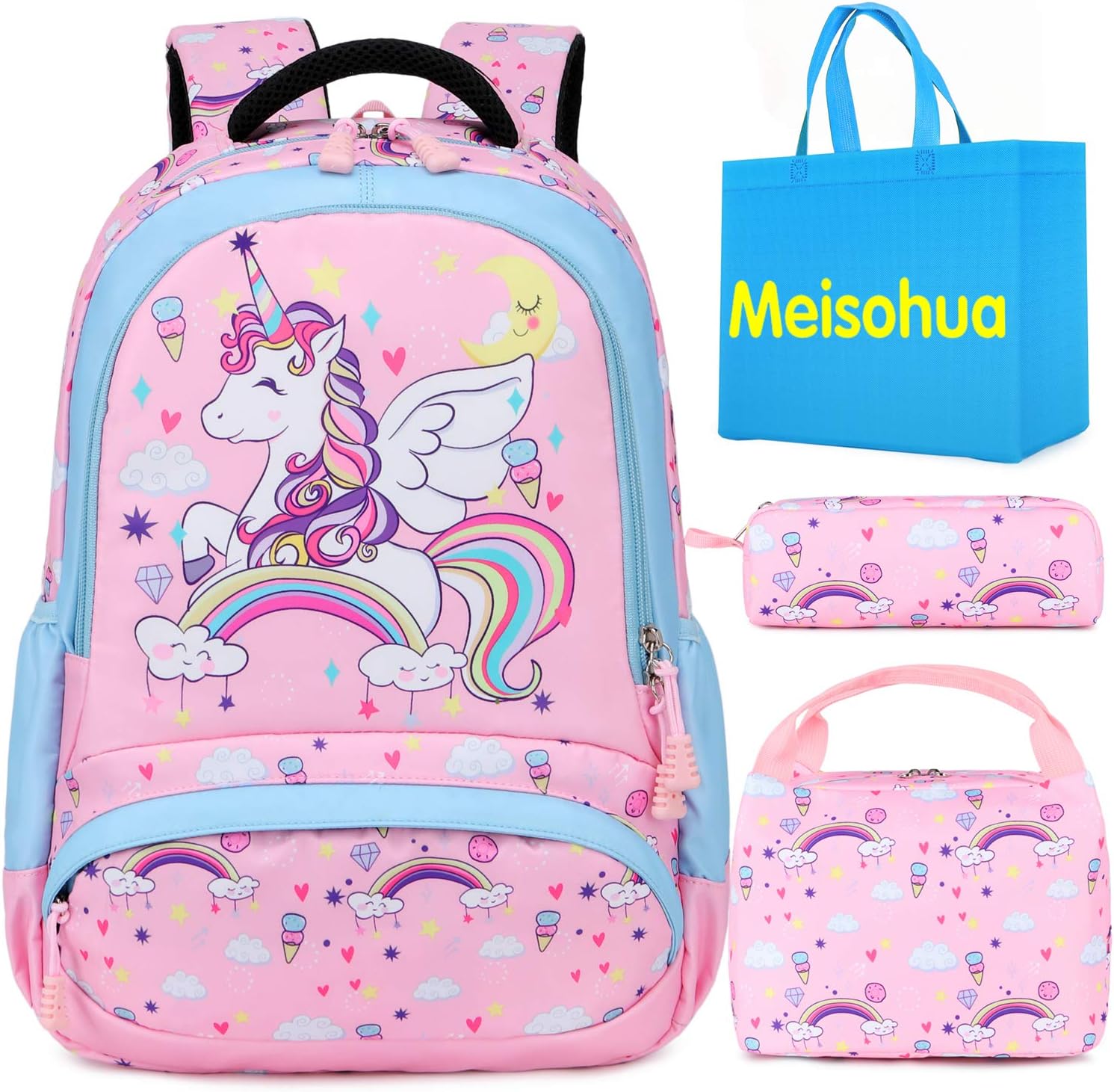 School Bags for Girls - Lightweight Unicorn Backpack Cute School Backpacks for Teengirls with Lunch Bag and Pencil Bag 3 Packs - Pink
