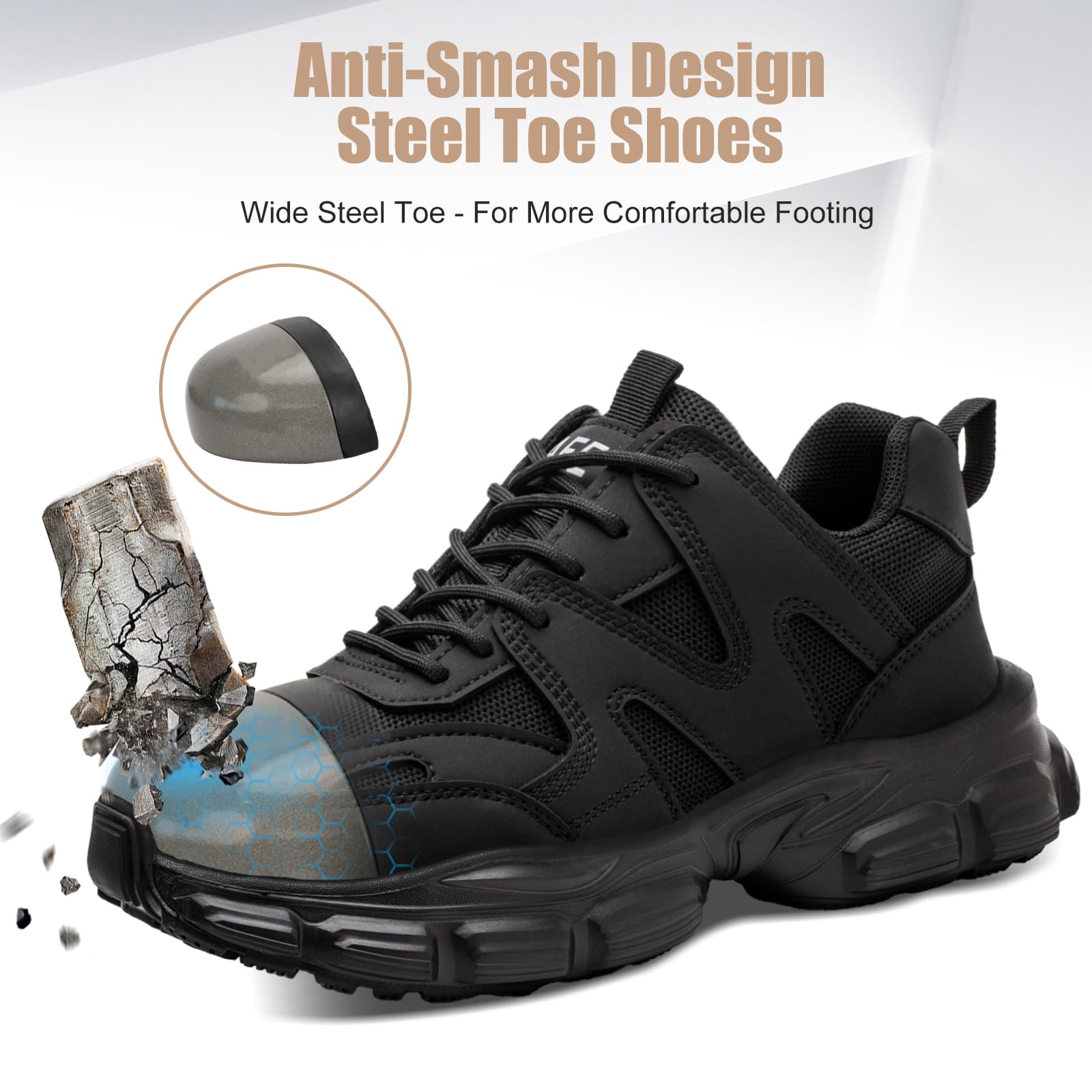 Hogent Steel Toe Shoes for Women Men Wide Non Slip Composite Work Sneakers Indestructible Comfortable Safety Tennis Shoes Lightweight Breathable Construction Sneakers Puncture Proof Ergonomic Design
