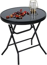 PHI VILLA Folding Outdoor Side Table - Black Tempered Glass, 46x46cm