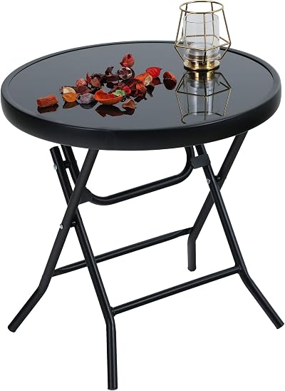 PHI VILLA Folding Outdoor Side Table - Black Tempered Glass, 46x46cm