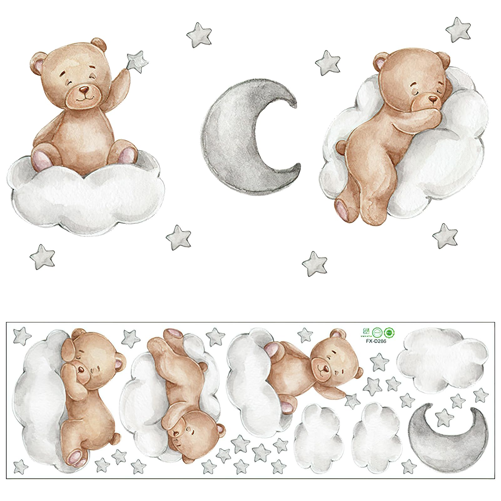 Animal Wall Stickers Teddy Bear on The Cloud Wall Decals Clouds Stars Moon Removable Wall Decor Decoration for Home Baby Nursery Kids Bedroom Living Room Walls Doors Bathroom Windows Cupboards (01)