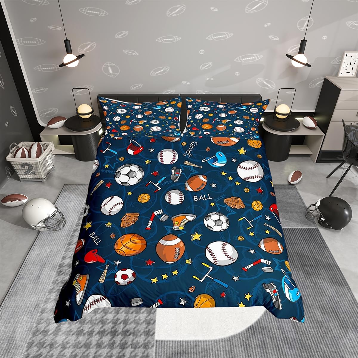 Basketball Bedding Set Football Baseball Rugby Duvet Cover for Kids Boys Girls Badminton Sports Theme Decor Bedding&Linen Various Ball Bedspread Cover Bedroom 2Pcs Single Size