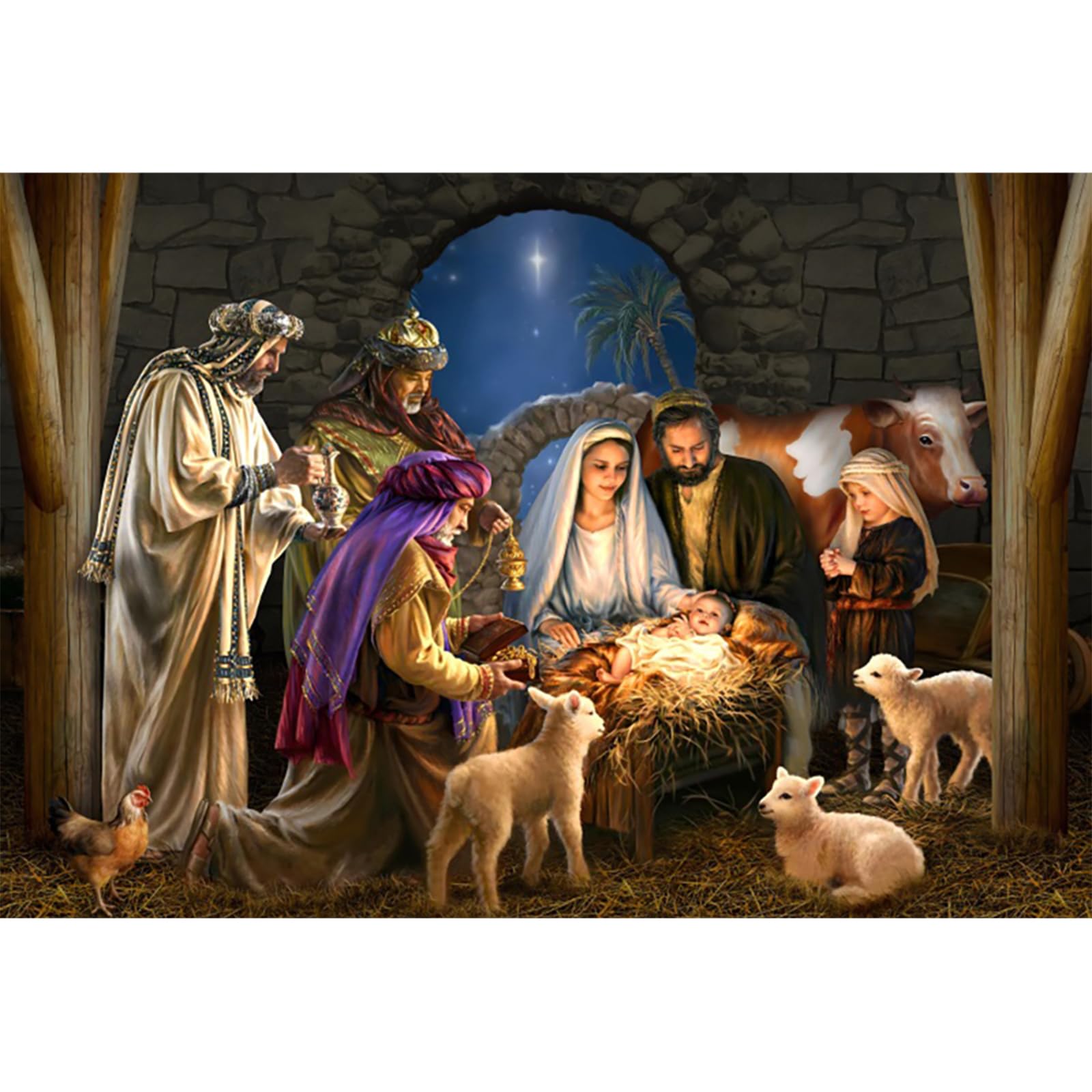 YongFoto 8x6ft Nativity Scene Backdrop Christmas Photo Backdrop Jesus Nativity Christ Manger Sheep Birth Of Jesus Background Photo Studio for Holy Communion Party Decor Banner Photo Studio Props