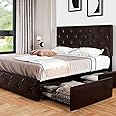 Allewie Upholstered Queen Size Platform Bed Frame with 4 Storage Drawers and Headboard, Diamond Stitched Button Tufted, Mattress Foundation with Wooden Slats Support, No Box Spring Needed, Black Brown