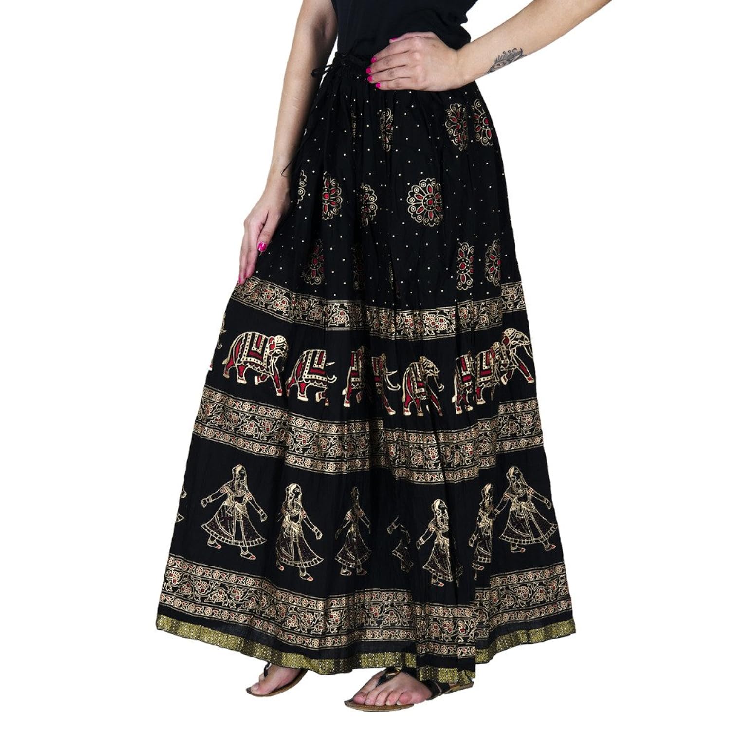 rangsthali gold printed cotton long skirt for women (free size)