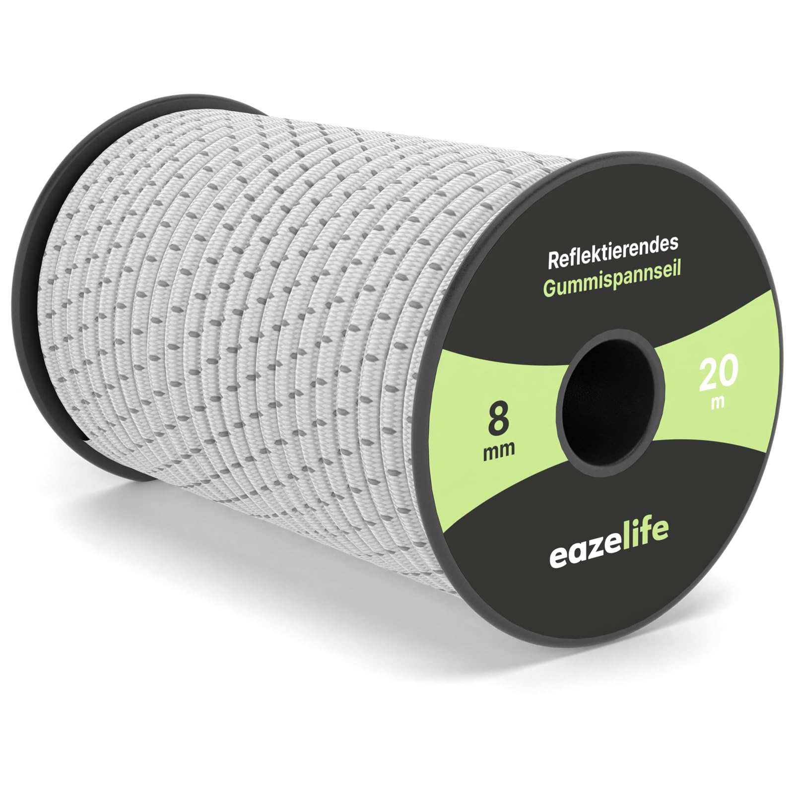 Eaze Life Rubber Cord on Reel - Reflective, Weatherproof, Cut to Size, Highly Elastic, Resilient, Versatile Expander Rope for Trailers, Sailing, Fishing & Outdoor (White, 8 mm x 20 m), 60ROLL