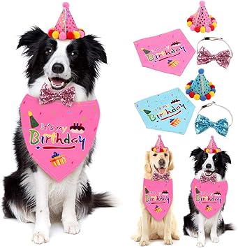 Amazon Ponacat ペットお誕生日 バースデー 犬バンダナ 犬ハット 服 首輪 帽子 蝶ネクタイ 3点セット 犬の誕生日 アクセサリー バナーケーキトッパーセット 通気性 柔らかい かわいい プレゼント 記念日 コスプレ 写真撮影 犬 猫用 Ponacat 帽子 通販