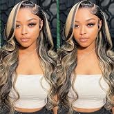 QUANDIAN FB/27 Balayage Highlight Lace Front Wig Human Hair 13x6 HD Lace Front Wigs Human Hair Body Wave Wig 180% Density Glu