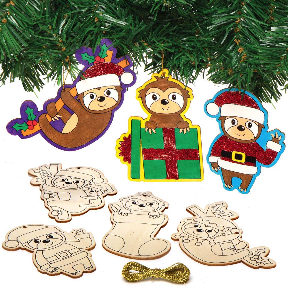 Baker Ross AX522 Christmas Sloths Wooden Decorations - Pack of 12, Christmas Decorations for Kids to Decorate and Display, Ideal Kids Arts and Crafts Project