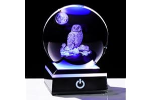 Arikyrist 3D Owl Crystal Ball Figurine with LED Base Laser Owl Gifts for Men Women Owl Lovers on Christmas Birthday Decorative Owl Statue Ball Glass Animals Globe Night Light for Home Decor (80mm)