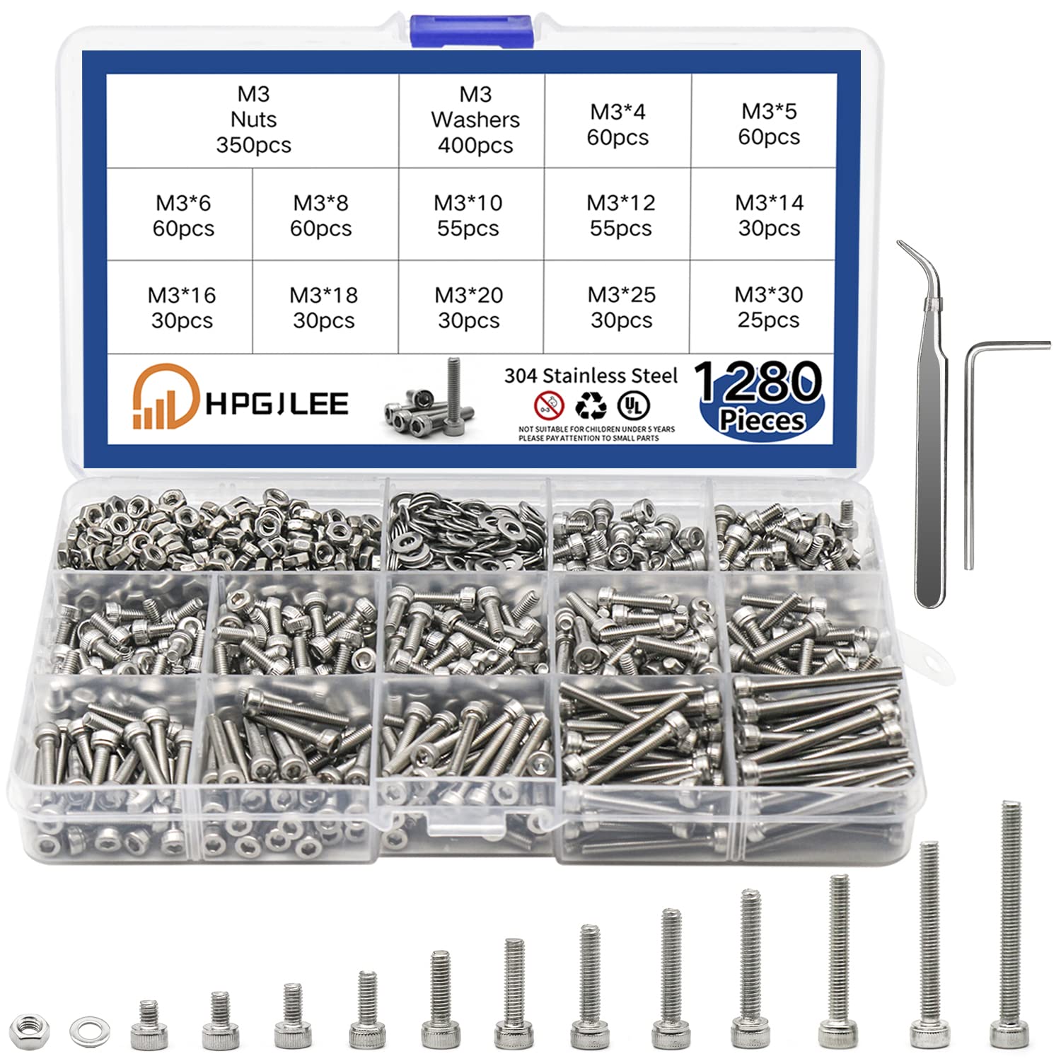 1280 Pcs for M3 Stainless Steel 304 Hexagon Heads Cap Screws Bolts Nuts Washers Assortment Kit（M3 1280Pcs）