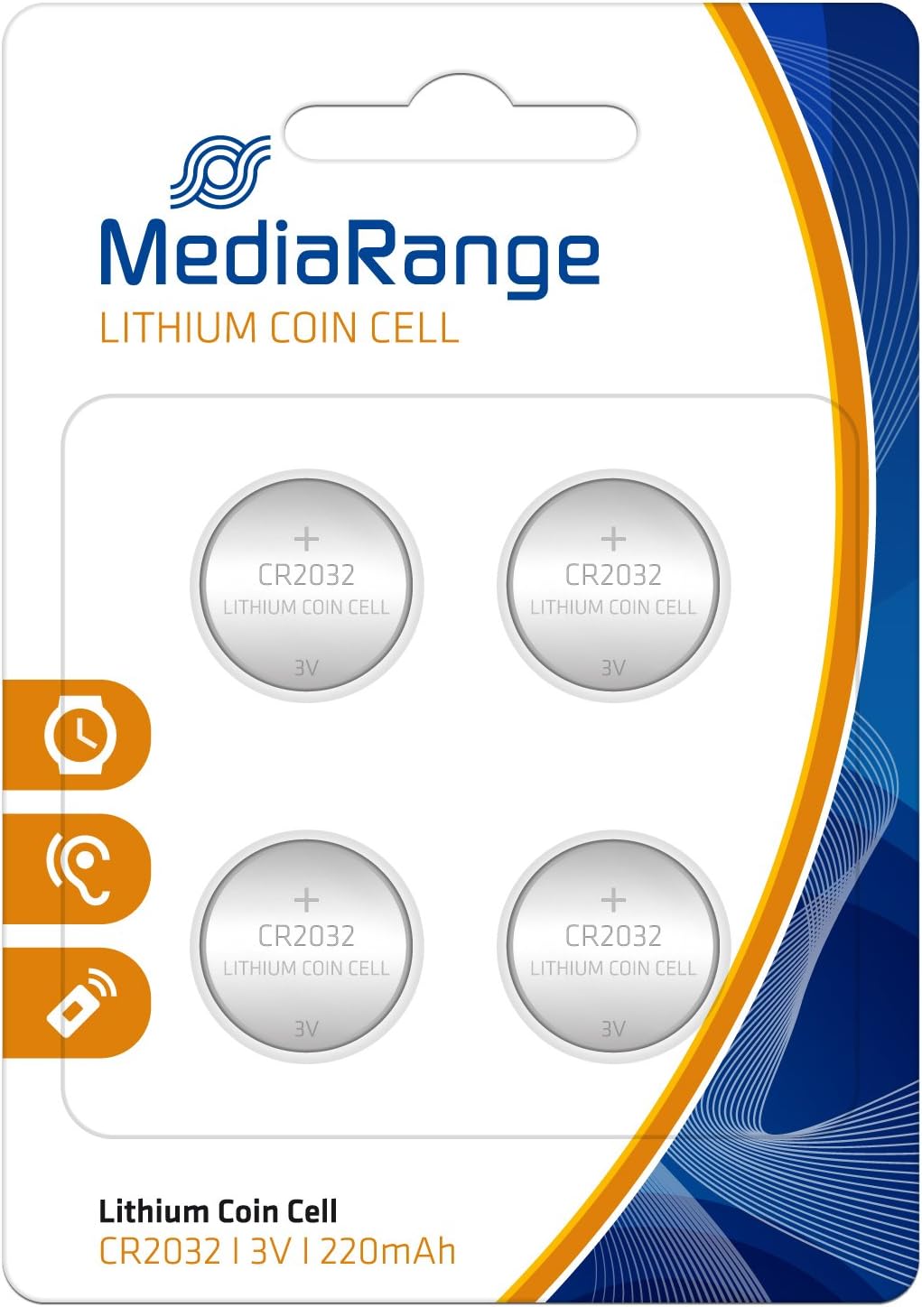 MediaRange MRBAT132 Blister Lithium CR2032 3 V Button Cell Pack of 4), silver, 4er Pack