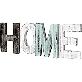 Flexzion Rustic Wooden Block Home Sign, Cutout Letters Weathered Wood, Freestanding Alphabets for Decoration, Multicolored