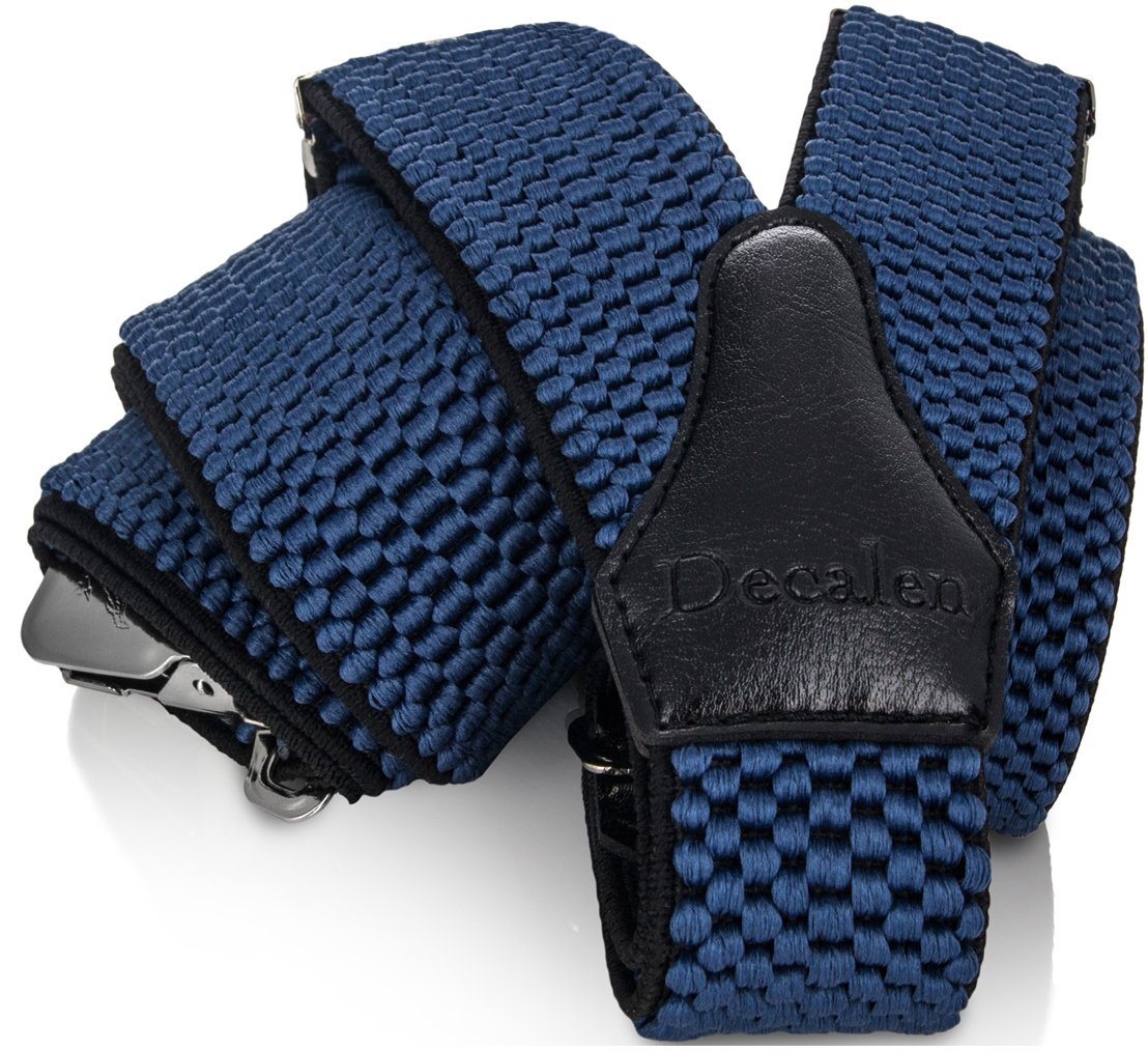 Decalen Mens Braces with Very Strong Clips Heavy Duty Suspenders One Size Fits All Wide Adjustable and Elastic Y Style (Blue)
