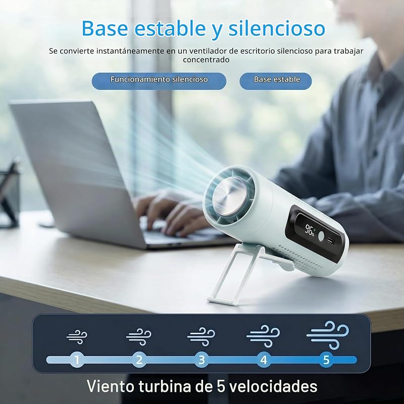 Mini Ventilador Portátil 3 en 1 con Placa Refrigerante 5 Velocidades, Pantalla LED, USB Tipo C, Clip, Soporte y Linterna para Viaje, Oficina, Camping, Playa y Uso Diario (Azul) — foto 5 de 8