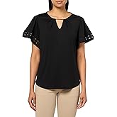 Anne Klein Women's Harmony Knit Pleat Nk Bell SLV Top W Lac