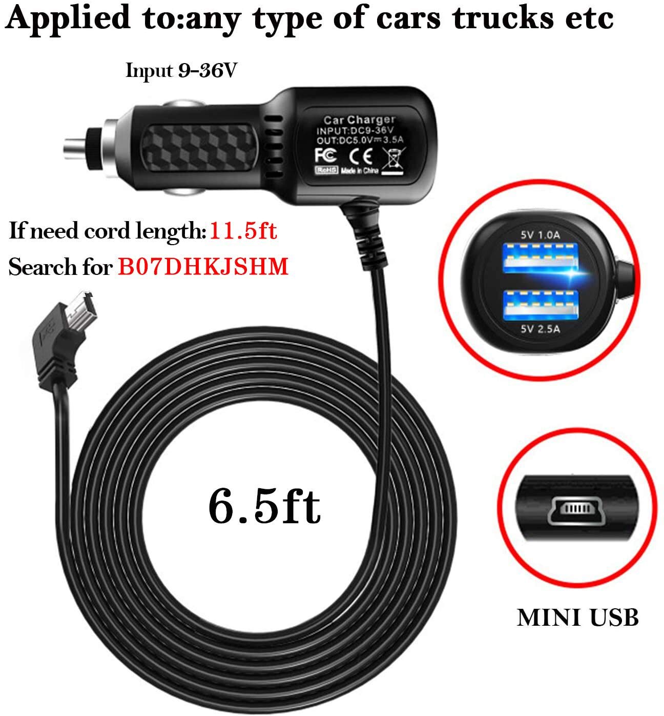 Car Charger for Gar'min Nuvi, Gar'min GPS Charger Cable,Mini USB Power Cord Cable Dual Port USB Vehicle Power Charging Cable Cord for Garmi Nuvi C255 Dashcam