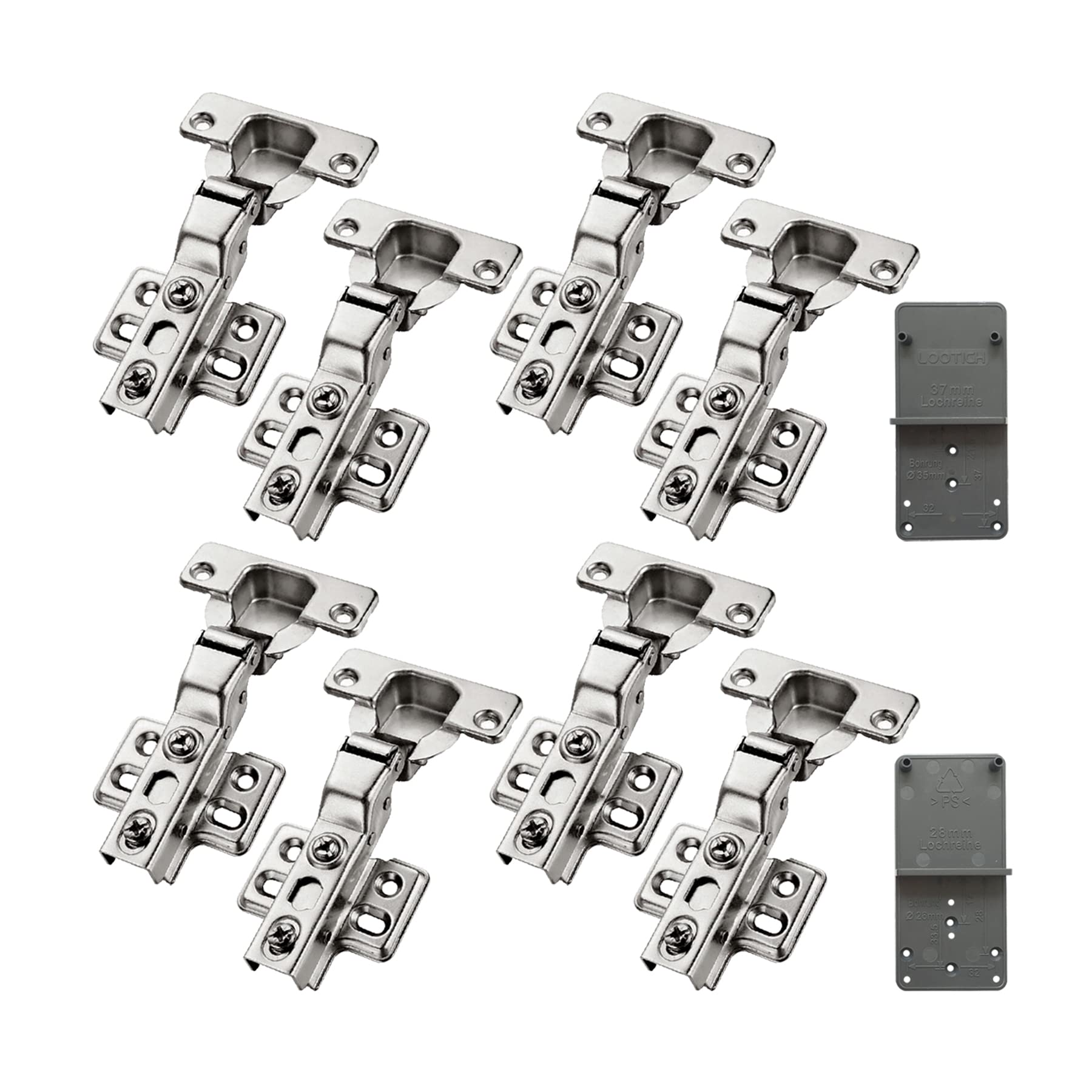 LOOTICH 105 Degree Fixed-On Half Overlay Hinges for Kitchen Cabinet Cupboard Wardrobe Door Hinge with Integrated Soft Closing Mechanism Hinge Cushioning with Drilling Template Pack of 8