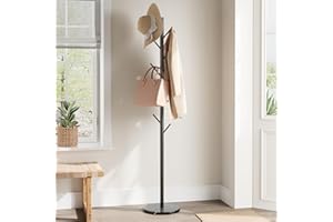 ELYKEN Coat Rack Freestanding with Natural Marble Base, Metal Coat Rack Stand with 10 Hooks, 3 Adjustable Size Coat Tree for Bags, Clothes, and Hats for Entryway, Bedroom, Hallway, Office, Black