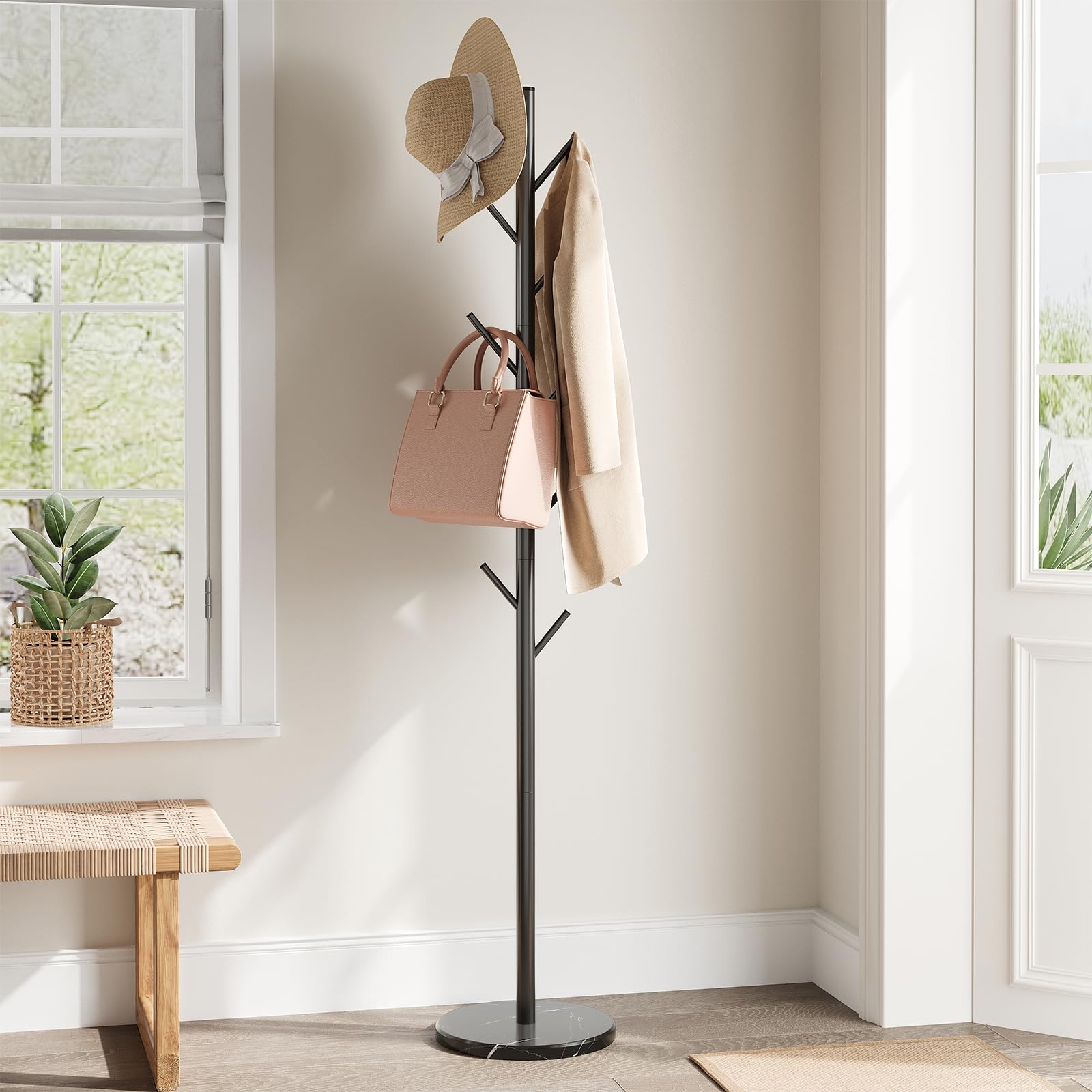 Photo 1 of ELYKEN Coat Rack Freestanding with Natural Marble Base, Metal Coat Rack Stand with 10 Hooks, 3 Adjustable Size Coat Tree for Bags, Clothes, and Hats for Entryway, Bedroom, Hallway, Office, Black