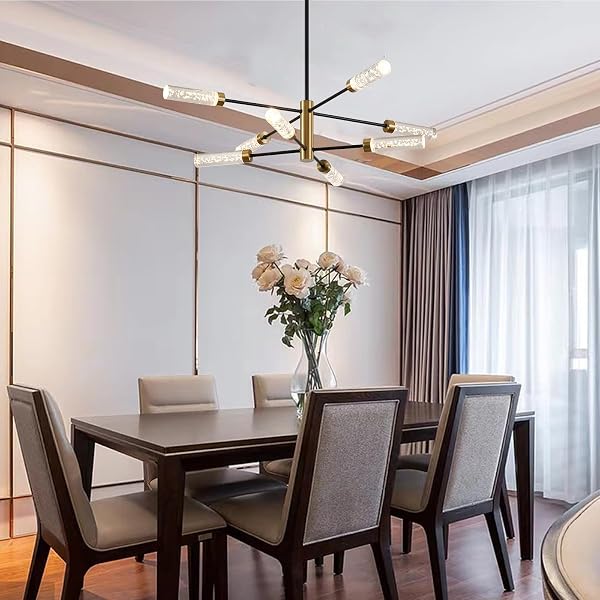 SGLFARMTY LED SPUTNIK CHANDELIER, 8-LIGHT MODERN PENDANT LIGHT,MID CENTURY BLACK GOLD CEILING CHANDELIERS, HEIGHT ADJUSTABLE CRYSTAL HANGING LIGHT FOR DINING ROOM, LIVING ROOM, BEDROOM