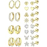 Jstyle Hypoallergenic 14K Gold Plated Stud Hoop Earrings for Women Men Surgical Stainless Steel Flat Back Earrings Small Huggie Hoops Cartilage Earring Set for Multiple Piercing Jewelry Gift for Women