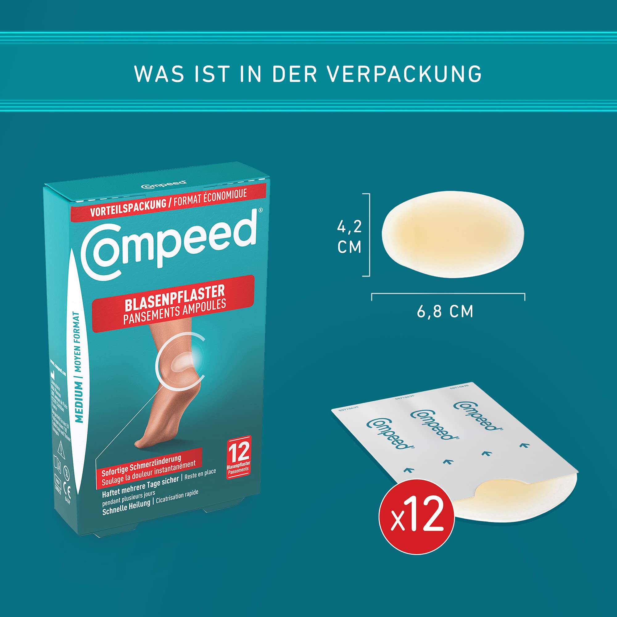 Compeed Blasenpflaster Medium - Hydrokolloid-Pflaster - mit Polsterung an der Ferse, schützt vor Druck und Reibung - lindert Schmerzen, zur schnellen Abheilung - 4,2 x 6,8 cm - 12 Stück 3