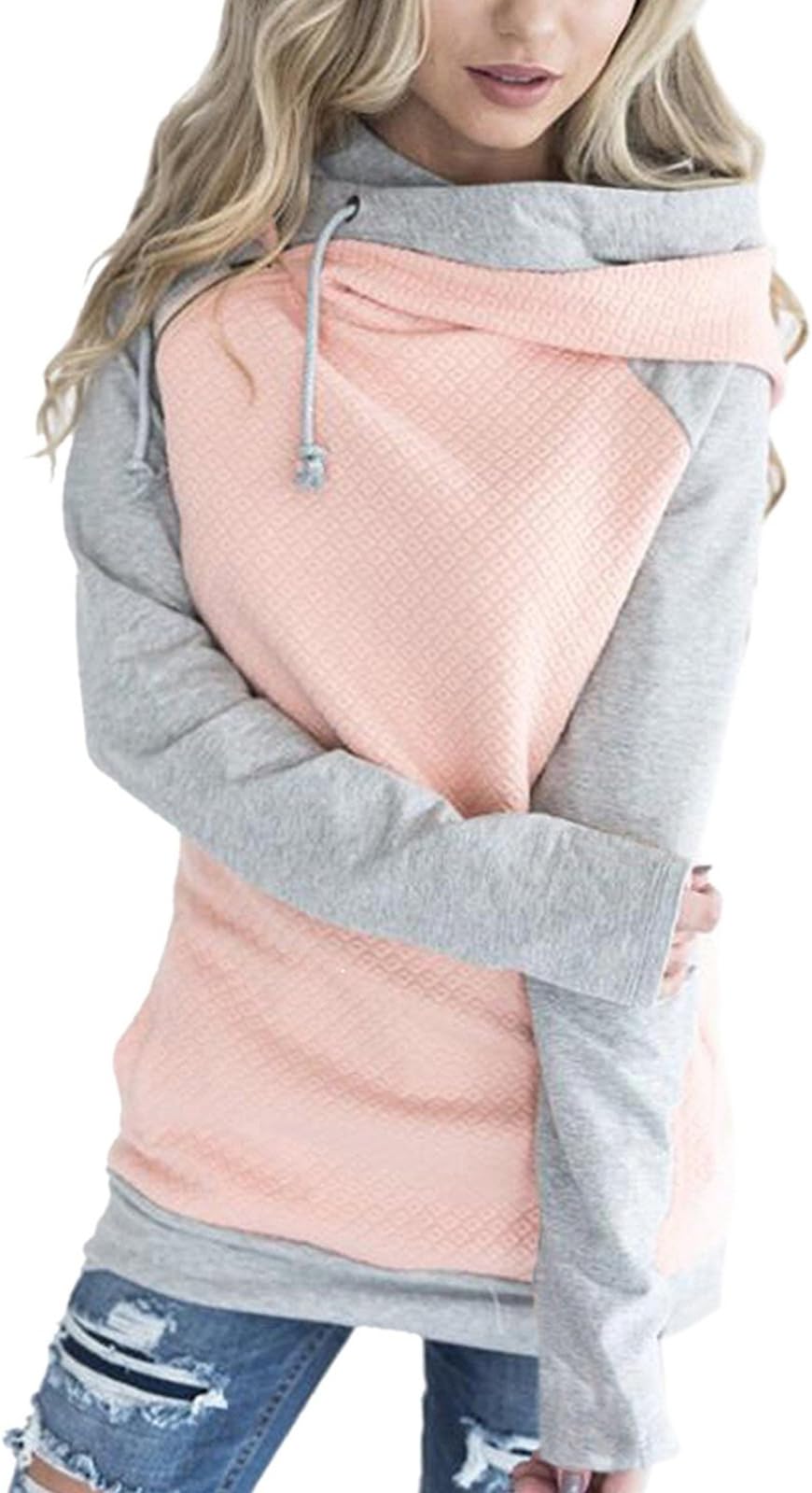 Hoodies for Women Oblique Zipper Sweatshirts Long Sleeve Hooded Tops Spliced Color Casual Pullover