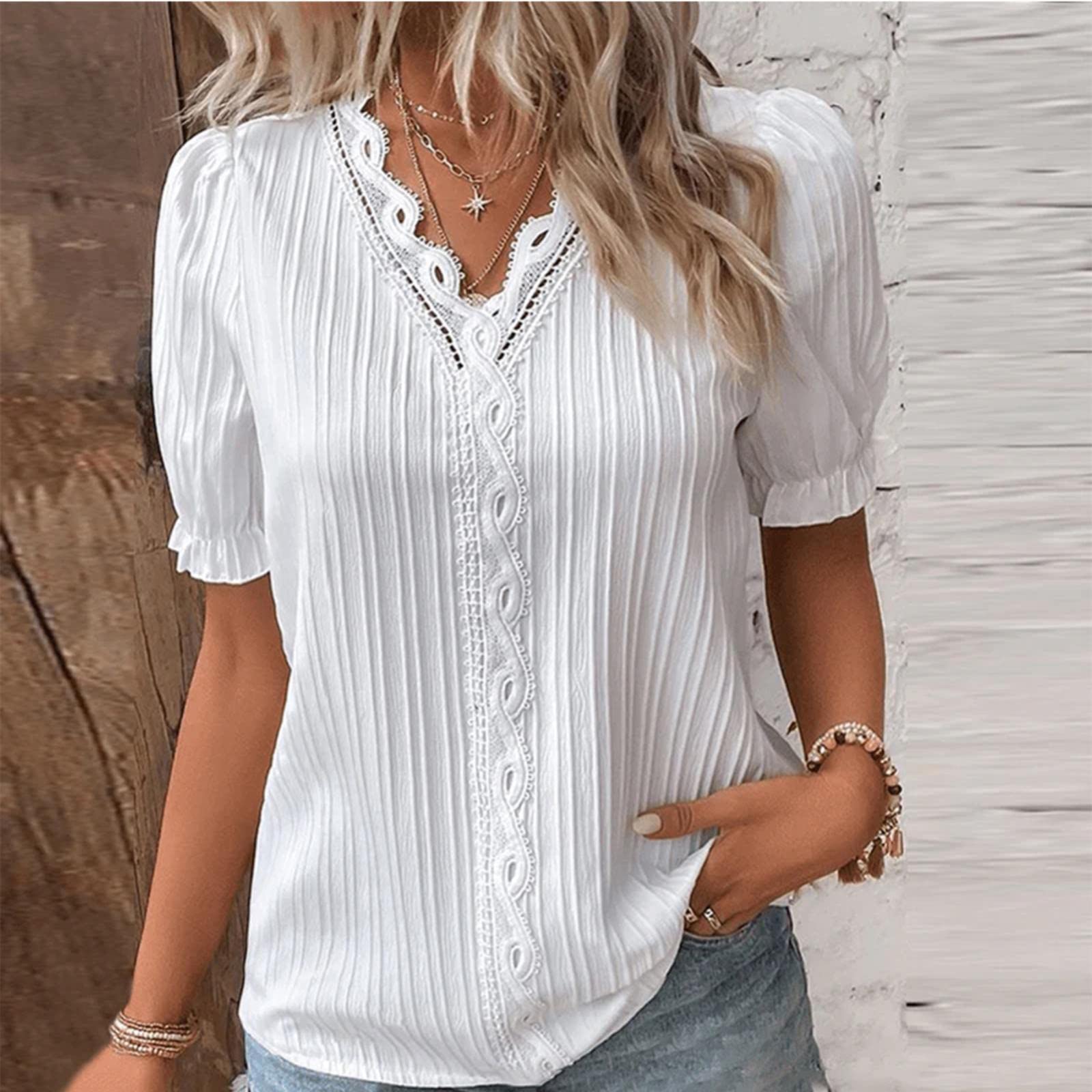 JOASDAO Women's Plus Size Lace Tops UK - Short Sleeve V Neck White Blouses for Women Elegant Casual Summer Tops Dressy Shirts