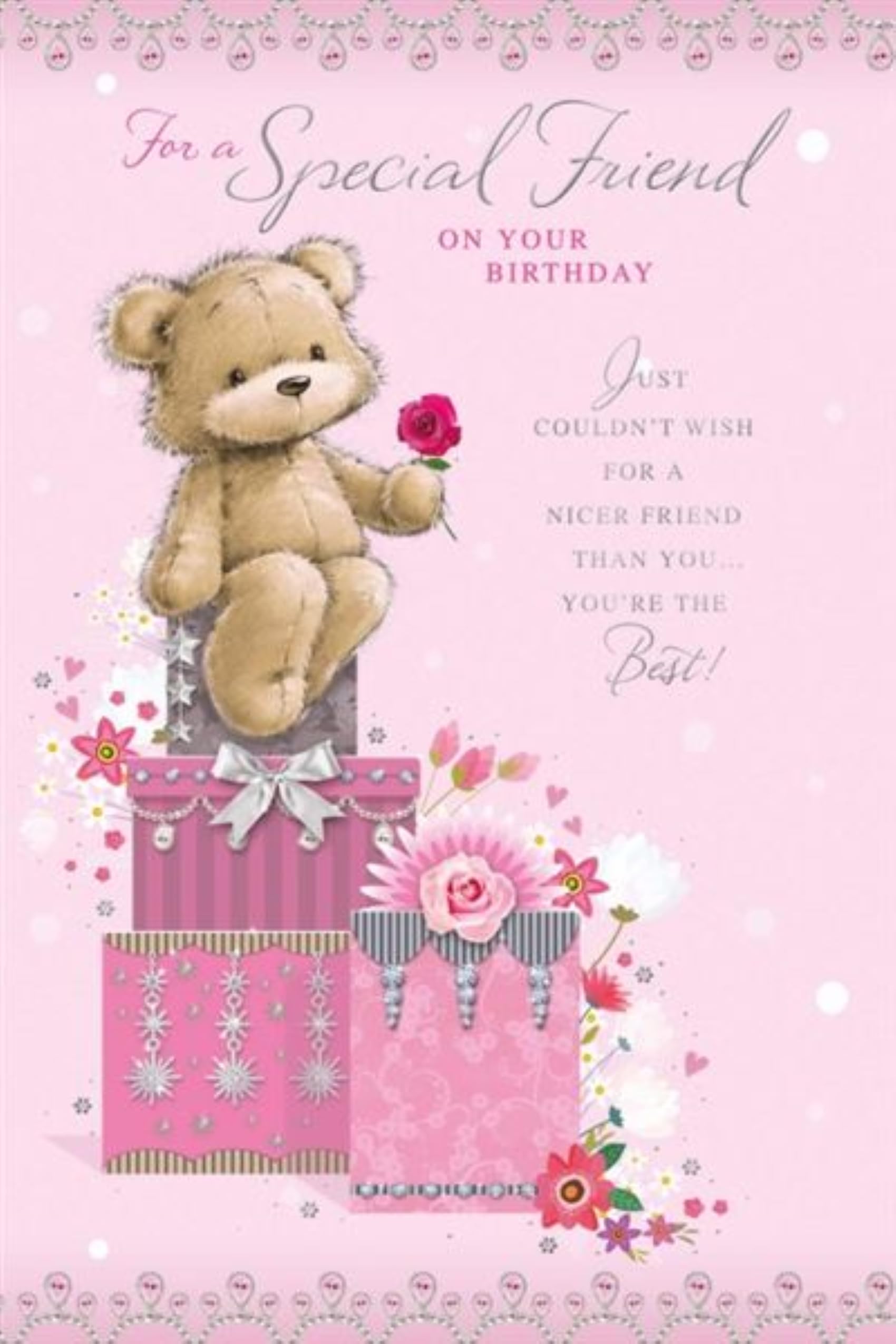 Special Friend Birthday Card - Cute Bear & Pink Rose Sat on Boxes with Silver Foil 9x6
