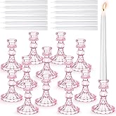 Suclain 24 Pcs Glass Taper Candle Holder Sets 12 Candlestick Holder with 12 White Long Candles for Wedding Party Decor Dinner Decoration(Pink)