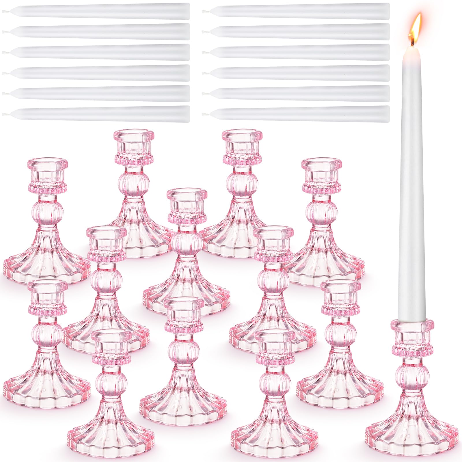 Photo 1 of Suclain 24 Pcs Glass Taper Candle Holder Sets 12 Candlestick Holder with 12 White Long Candles for Wedding Party Decor Dinner Decoration(Pink)