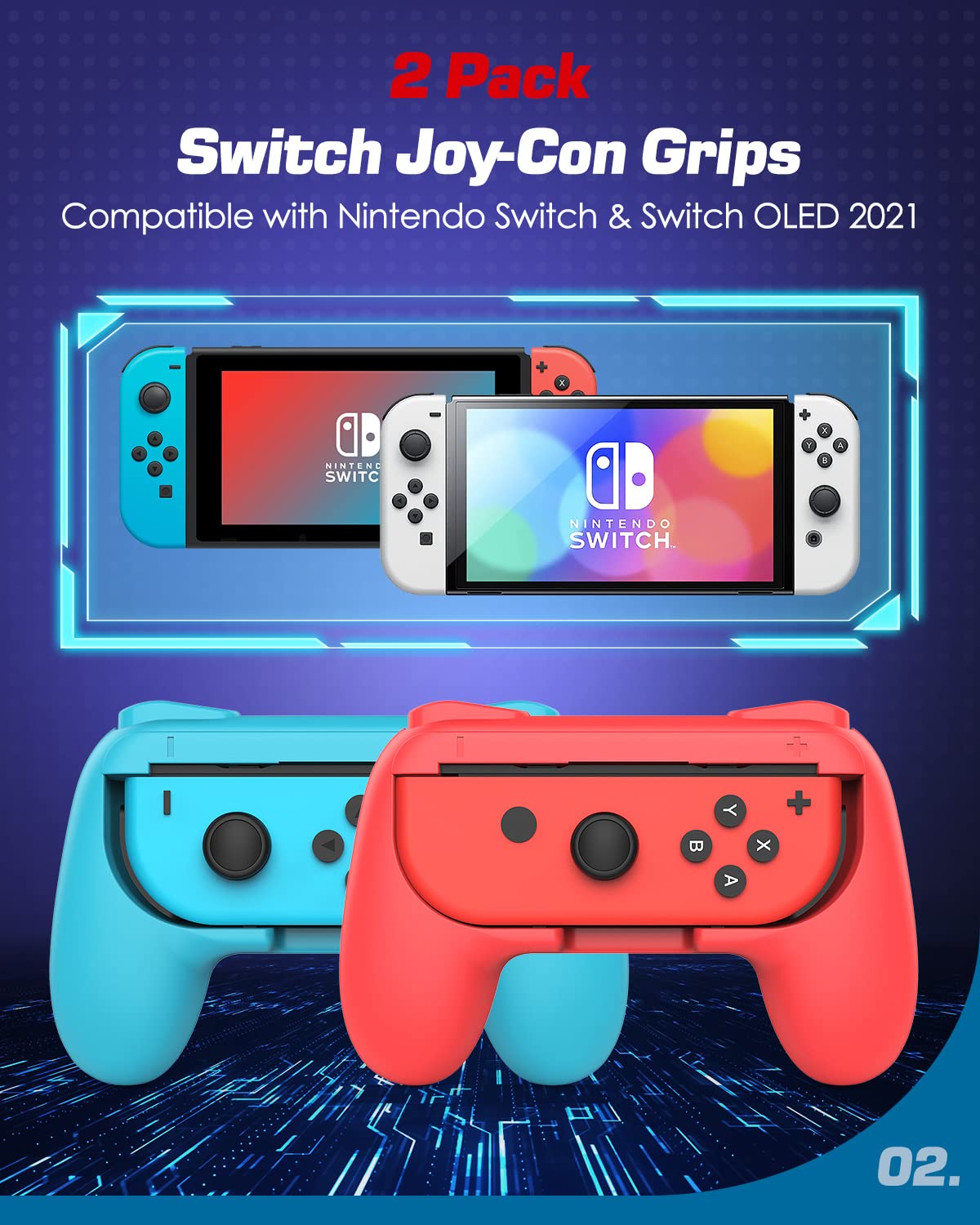MoKo Grip for Nintendo Switch OLED Model Joycon & Switch Joy-Con, [2-Pack] Ergonomic Hand Grip Controller Handle Kit Compatible with Nintendo Switch/Switch OLED 2021 Joy Cons Controllers, Red and Blue