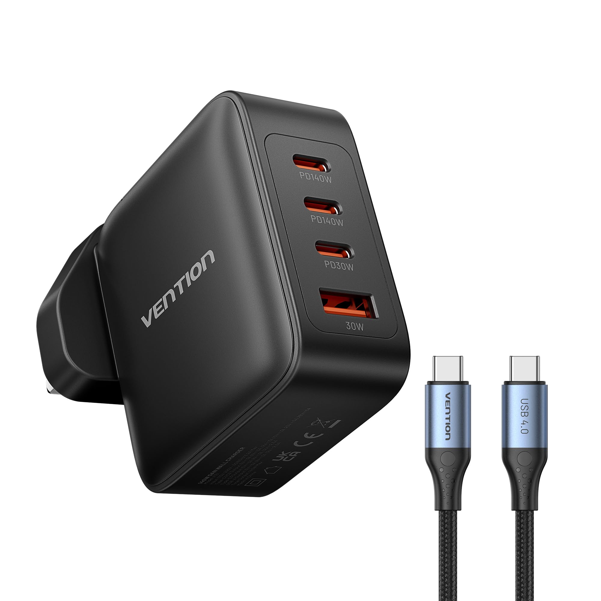 VENTION 140W USB C Charger - 4 Ports PD3.1 GaN MacBook Pro Charger with 1.5M USB 4.0 Cable [Compatible Thunderbolt 4/3], for MacBook Pro 16''/15"/14''/13'', iPad Pro, iPhone 15 -Black