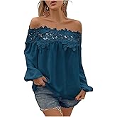 SweatyRocks Women's Off The Shoulder Lace Blouse Long Sleeve Casual Shirts Vacation Tops