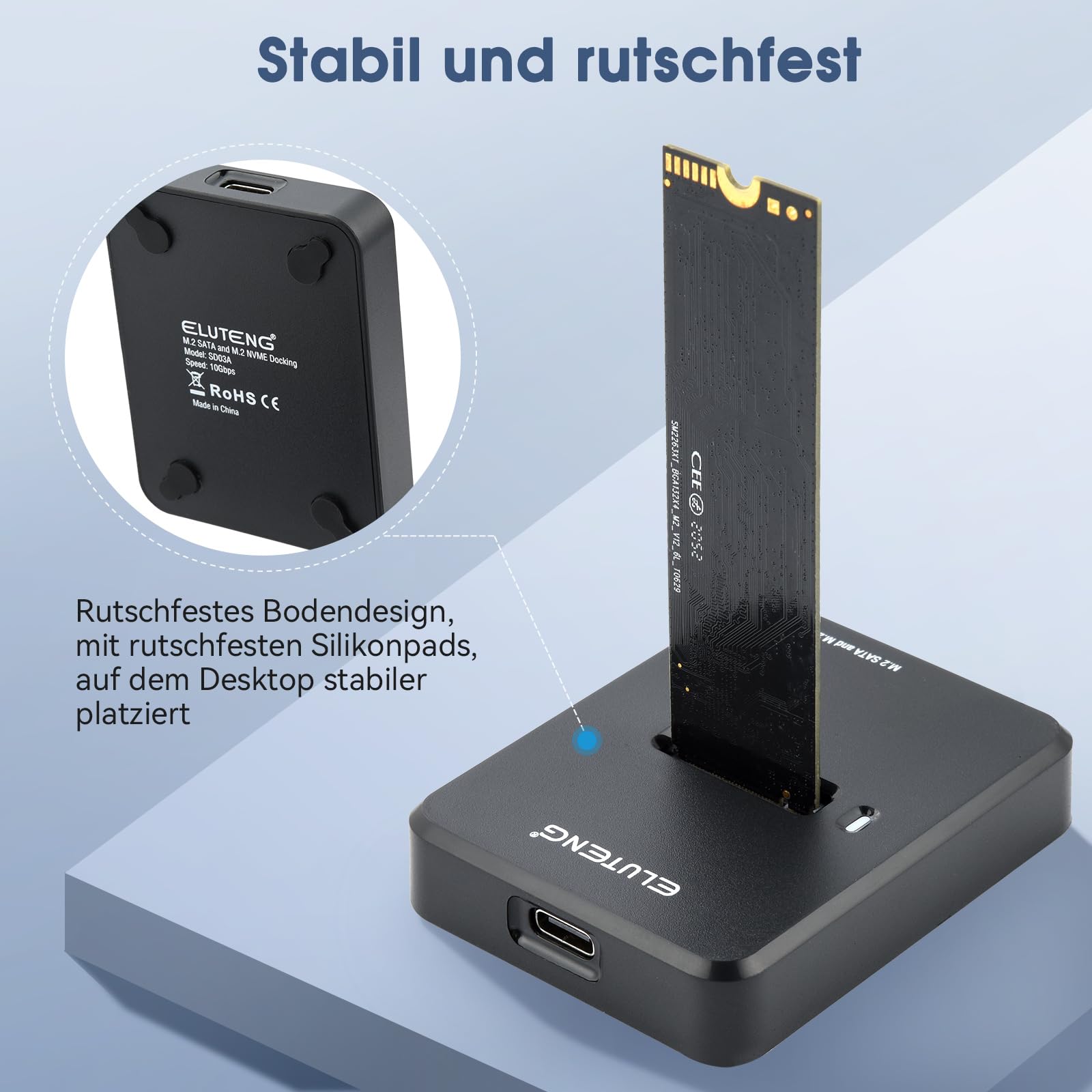 ELUTENG Festplatten Dockingstation, M.2 NVME & SATA Docking Station, 10Gbps M2 SSD auf USB Gehäuse für M-Key B+M Key, Duales Protokoll Adapter für 2230 2242 2260 2280 SSD mit Anti-Rutsch-Pads 8