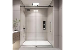 KPUY Frameless Shower Door, 56-60" W x 76" H Sliding Glass Shower Door, 1/4" (6mm) Thick Tempered Clear Glass with Explosion-Proof Film Nano Coating, Stainless Steel Hardware, Matte Black
