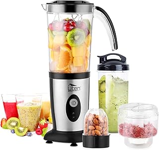 Smoothie Maker Uten Mixer Edelstahl Standmixer 5 in 1 Multifunktion Blender, Entsafter, Fleisch Zerkleinerer, Ice Crusher, Kaffeemühle mit 600ml Travel Sportflaschen für Zuhause Büro Camping