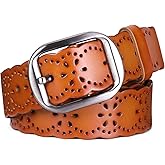 JASGOOD Women's Hollow Flower Genuine Leather Belt for Jeans Pants Wide Belt for Ladies