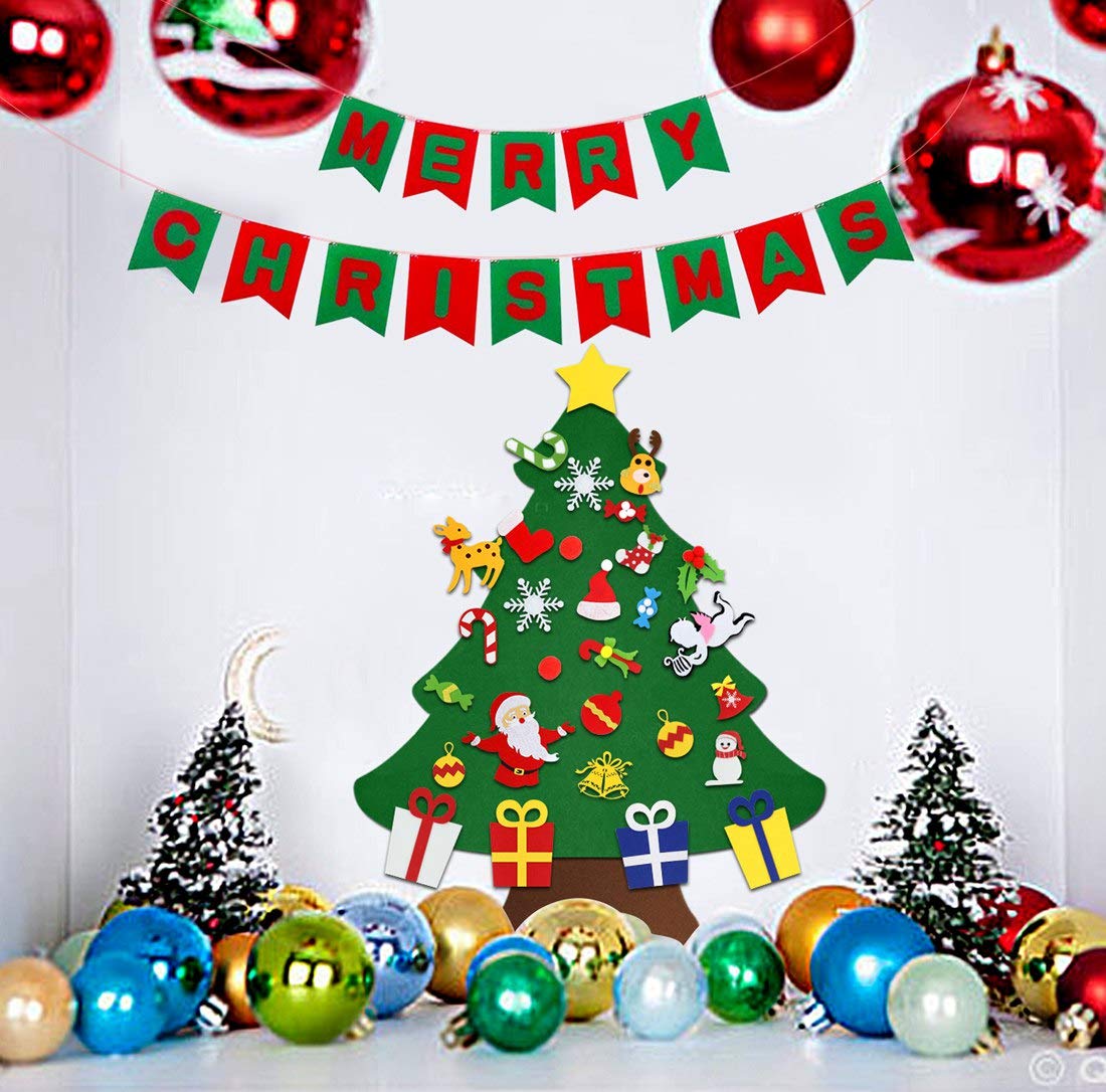 VDROL Felt Christmas Tree with Merry Christmas Banner Wall Hanging & 29Pcs DIY Friendly Detachable Hanging Xmas Ornaments Xmas Kids Gifts Christmas Decorations