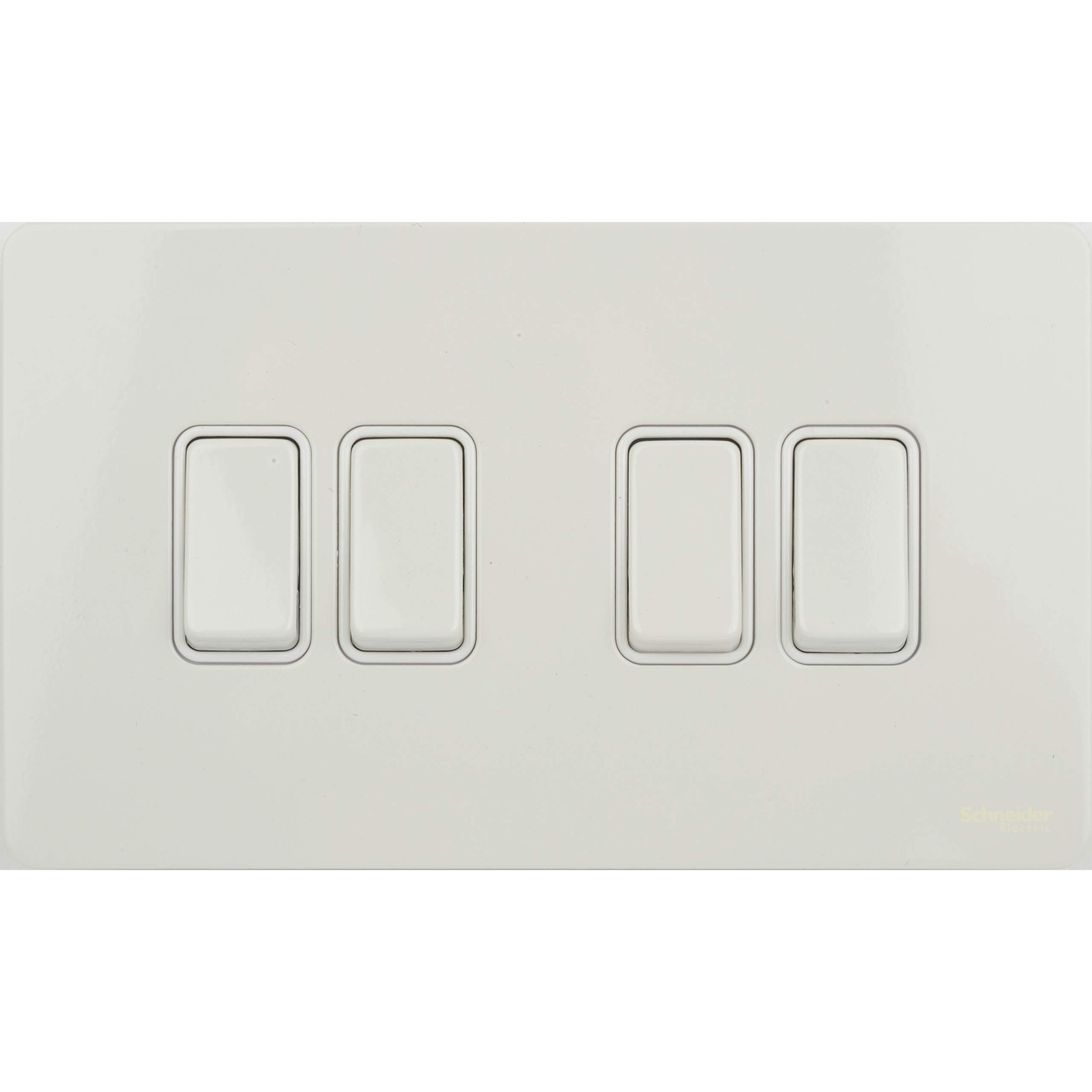 Schneider Electric Ultimate Screwless Flat Plate - 4 Gang Rocker 2 Way Light Switch, Single Pole, 16AX, GU1442WPW, Painted White with White Insert — image 1