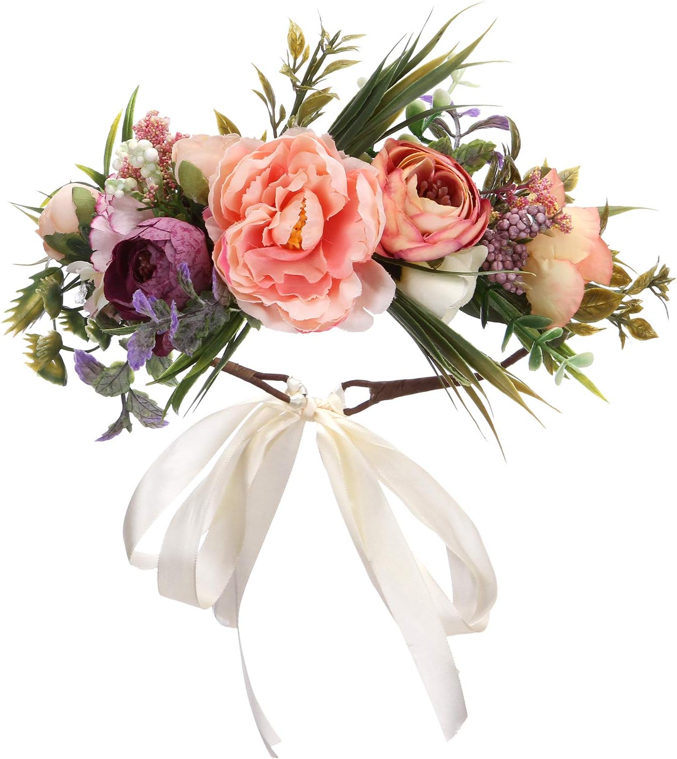 Folora Adjustable Flower Headband Hair Wreath Floral Garland Crown Headpiece with Ribbon for Wedding Ceremony Party Festival