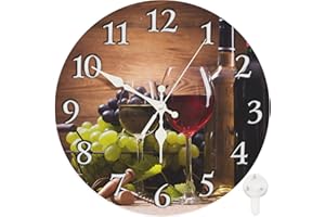 Britimes Round Wall Clock Silent Non-Ticking Battery Operated Clock 10 Inch, Glasses Red White Wine Grapes, Home Decor for Living Room, Kitchen, Bedroom, and Office