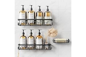 Deyhoc 3-Pack Adhesive Shower Caddy, Bathroom Shelf with Soap Holder, No Drilling Shower Organizer with 16 Hooks, Rustproof &