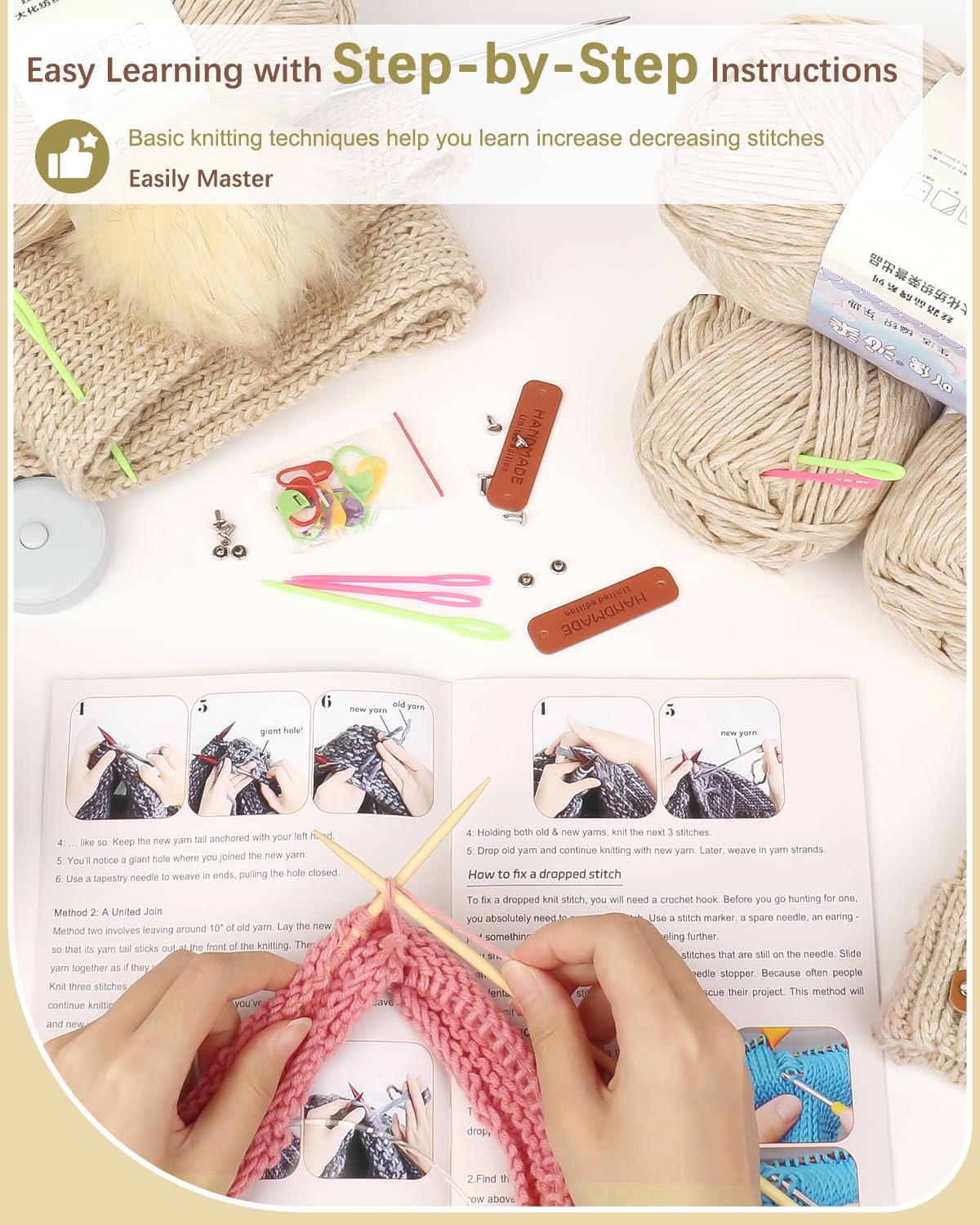 Katech Beginner Knitting Kit - Learn to Knit Kit for Adults & Kids - Complete Hat, Scarf, Gloves Starter Kit with Step-by-Step Instructions