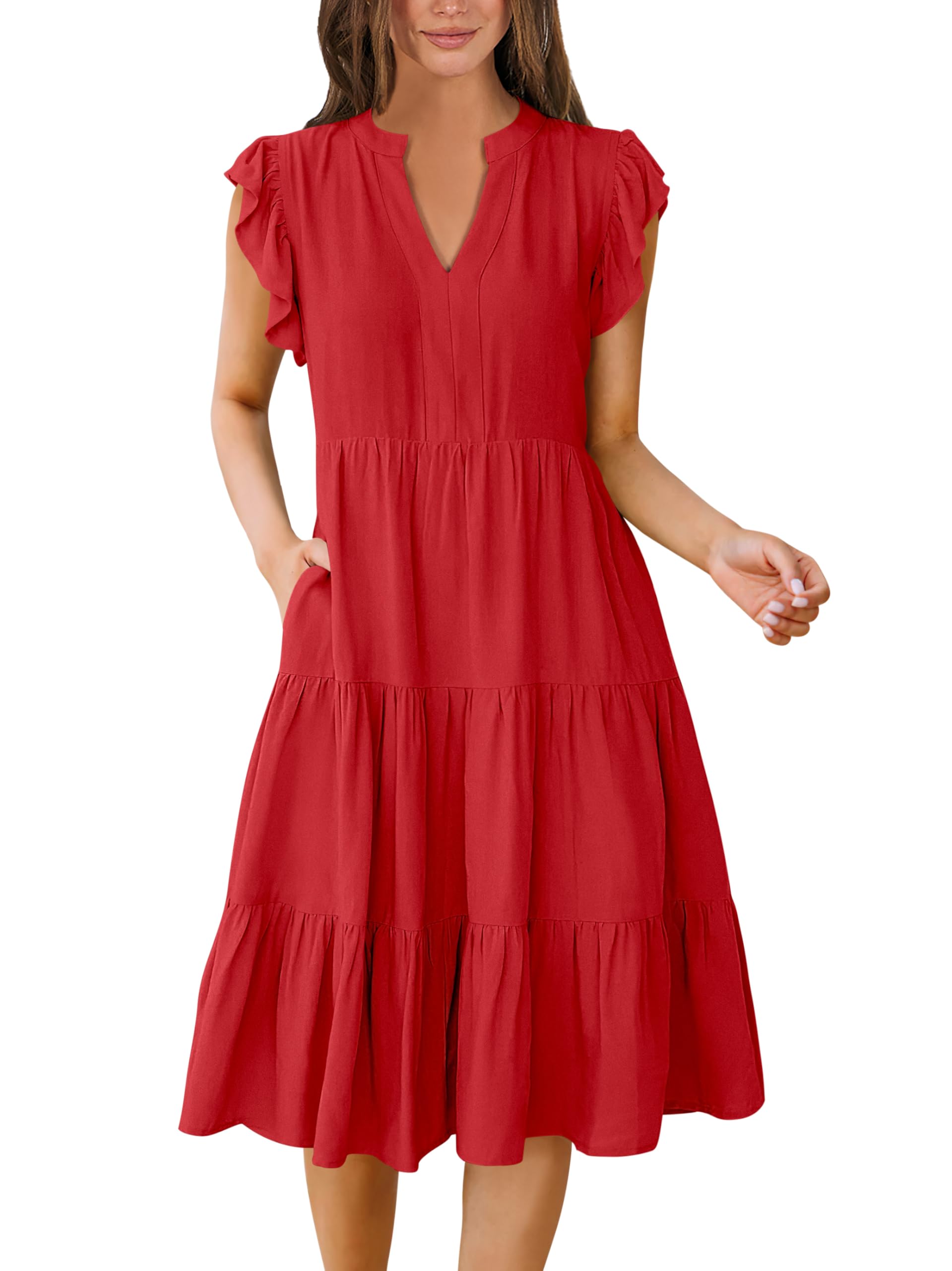 Photo 1 of ANRABESS Womens Summer Ruffle Sleeve V Neck Floral Print Midi Dress 2025 Fashion Casual Fit Flowy Tiered Boho Beach Vacation Sundress Red-S
