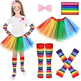 JcHrmers 5Pack World Book Day Costume Rainbow Costume Set Including Rainbow Socks Gloves Tutu Skirt Pink Hair Clip Face Painting Makeup for World Book Day Cosplay Supplies